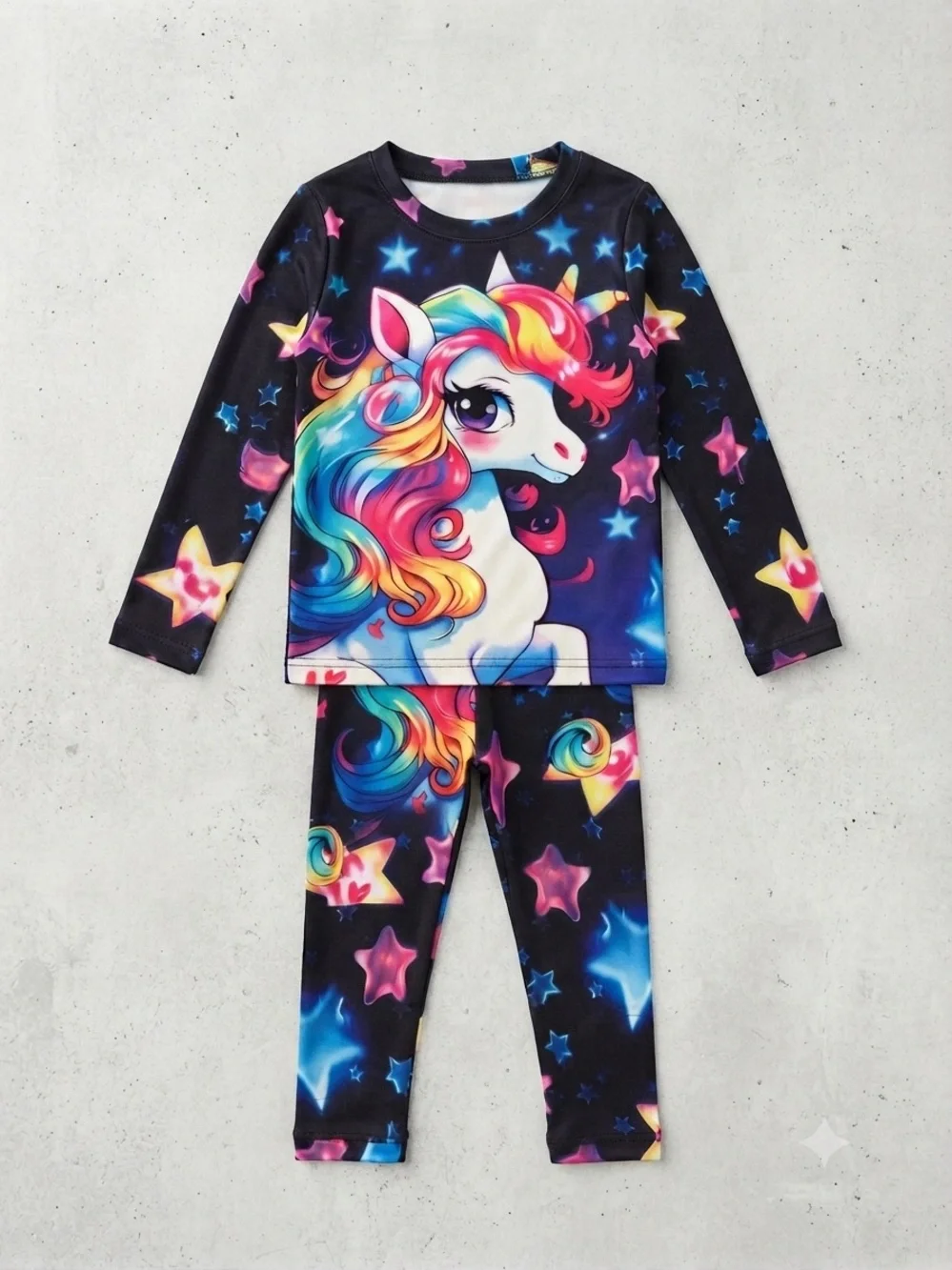 SHEIN Black Kids Unicorn Pajama Set with Multicolor Rainbow Mane